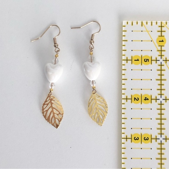 New White Ceramic Heart Glass Crystal Beaded Dangling Earrings Handmade Unique - Picture 8 of 9